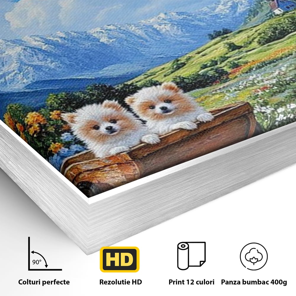 Detaliu al suprafetei: tablou canvas cu catei in caruta si munti, in rama de aluminiu argintiu
